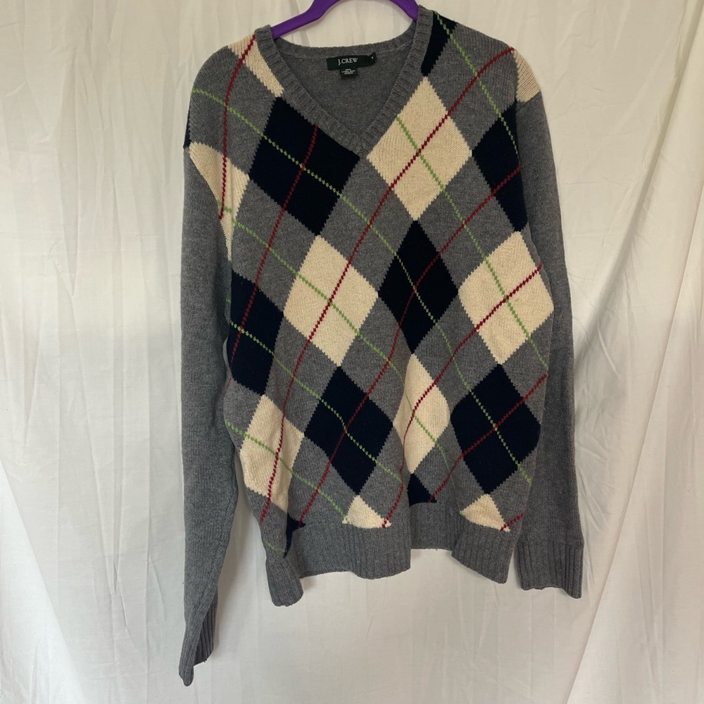 Vintage J CREW Argyle Sweater 100% Lambswool Gray Medium